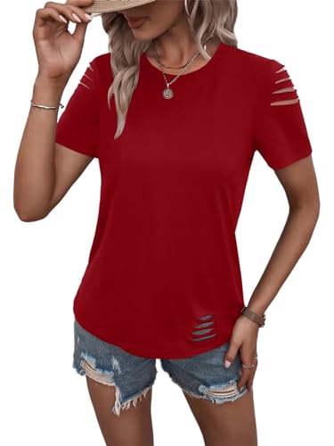 Women's Short Sleeve T Shirts Crew Neck Ripped Cut Out Summer Casual Basic Tees Tops