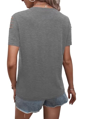 Women's Short Sleeve T Shirts Crew Neck Ripped Cut Out Summer Casual Basic Tees Tops