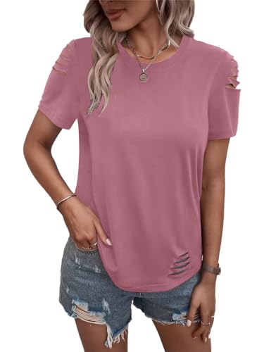 Women's Short Sleeve T Shirts Crew Neck Ripped Cut Out Summer Casual Basic Tees Tops