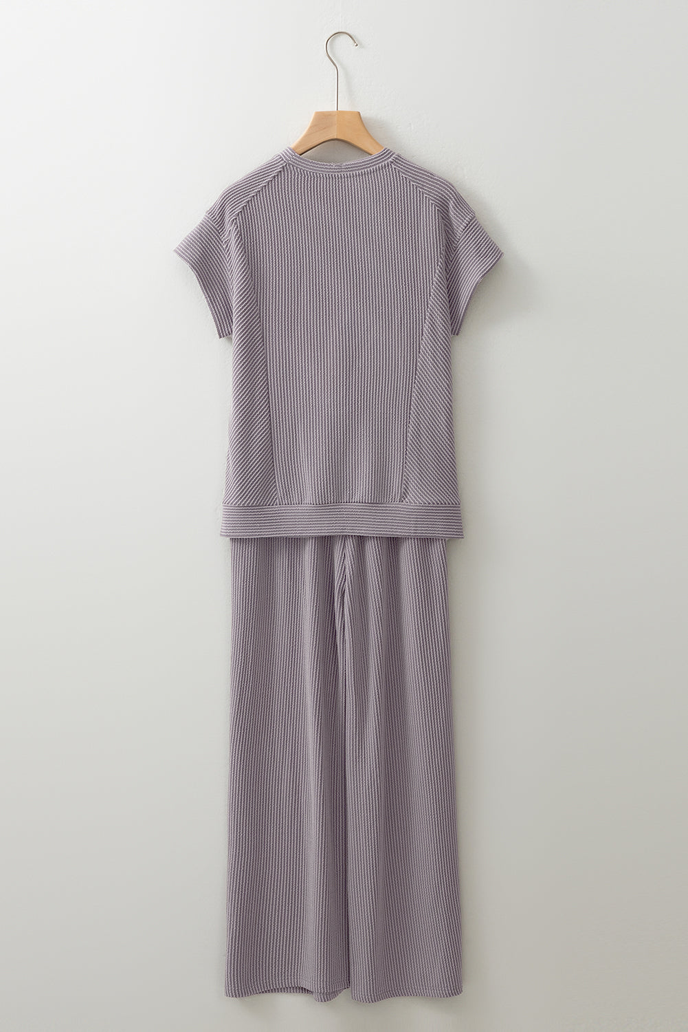 Wild Wind Solid Corded Knit Short Sleeve T Shirt and Wide Leg Pants Set