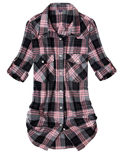 Womens Plaid Flannel Shirts Long Sleeve Roll Up Casual Button Down Shirt