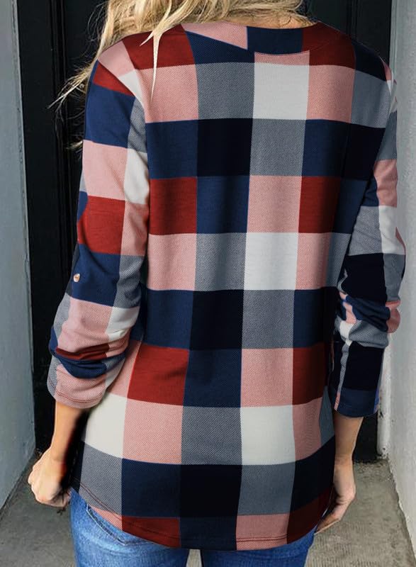 Womens Basic Casual V Neck Plaid Print Cotton Cuffed Long Sleeve Work Tops Blouses Shirts S-3XL
