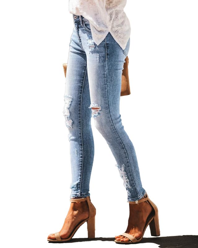 Women's High Rise Skinny Stretch Ripped Jeans High Waisted Destroyed Denim Pants