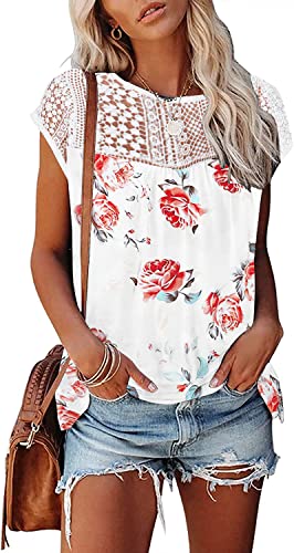 Womens Cap Sleeve Tops 2024 Trendy Floral Print Summer Tops Loose Fit Lace T Shirts Blouses