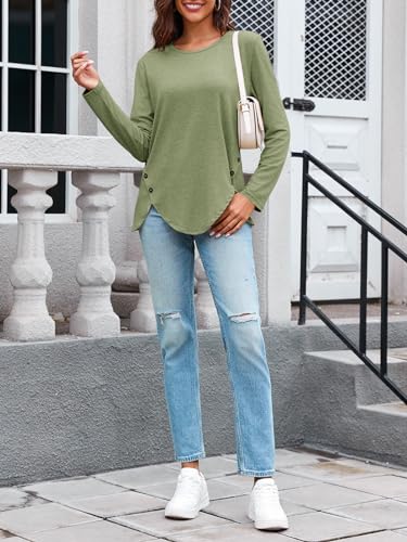 Womens Casual Long Sleeve Tunic Shirts Round Neck Button Side Blouses Tops