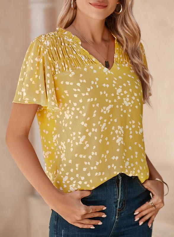 Women's Casual V Neck Floral Print Smocked Short Sleeve Chiffon Blouses Bohemian Top Shirts