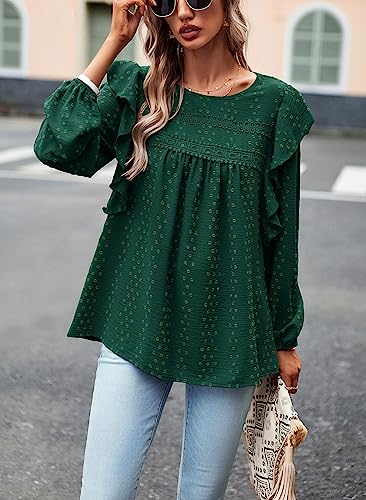 Women's Long Sleeve Blouses Ruffle Swiss Dot Crochet Loose Fit