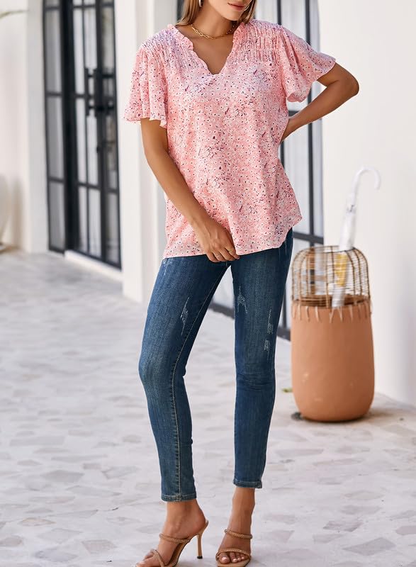 Women's Casual V Neck Floral Print Smocked Short Sleeve Chiffon Blouses Bohemian Top Shirts