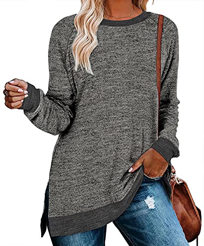 Womens Crewneck Pullovers Color Block Long Sleeve Side Split Tunic Tops