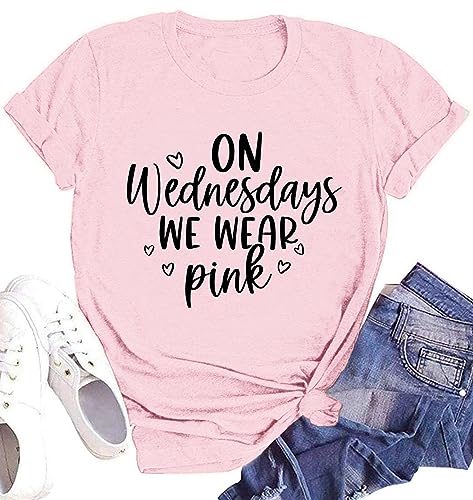 On Wednesday We Wear Pink Shirt Women Breast Cancer T Shirt Short Sleeve Print Tees Gifts for Girls Matching Outfits Top