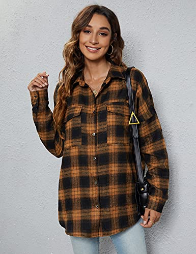 Women's Button Down Flannel Shirts Plaid Shacket Long Sleeve Collared Business Casual Tops Work Blouses