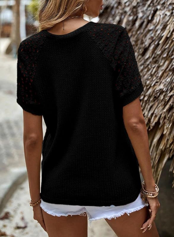 Women's Waffle Knit Tops Casual Crew Neck Hollow Out Raglan Short Sleeve Summer T-Shirts Blouses