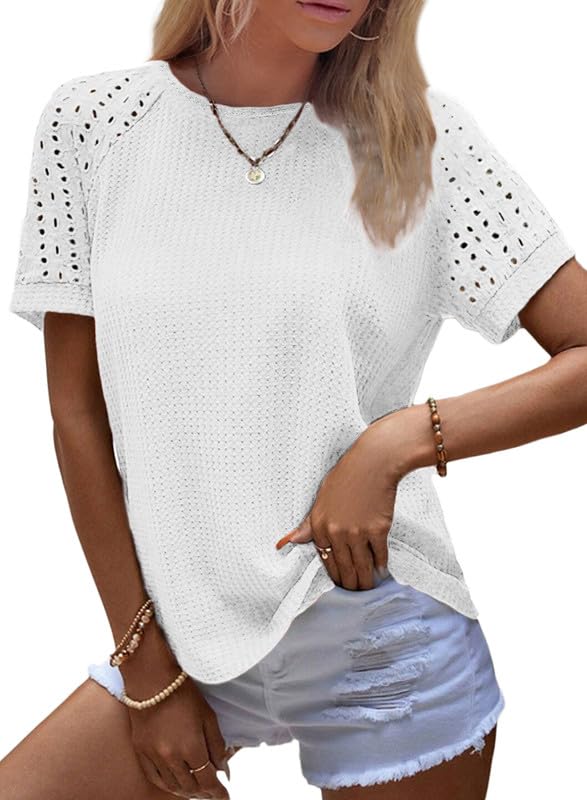 Women's Waffle Knit Tops Casual Crew Neck Hollow Out Raglan Short Sleeve Summer T-Shirts Blouses