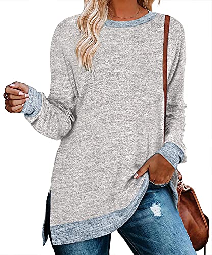 Womens Crewneck Pullovers Color Block Long Sleeve Side Split Tunic Tops