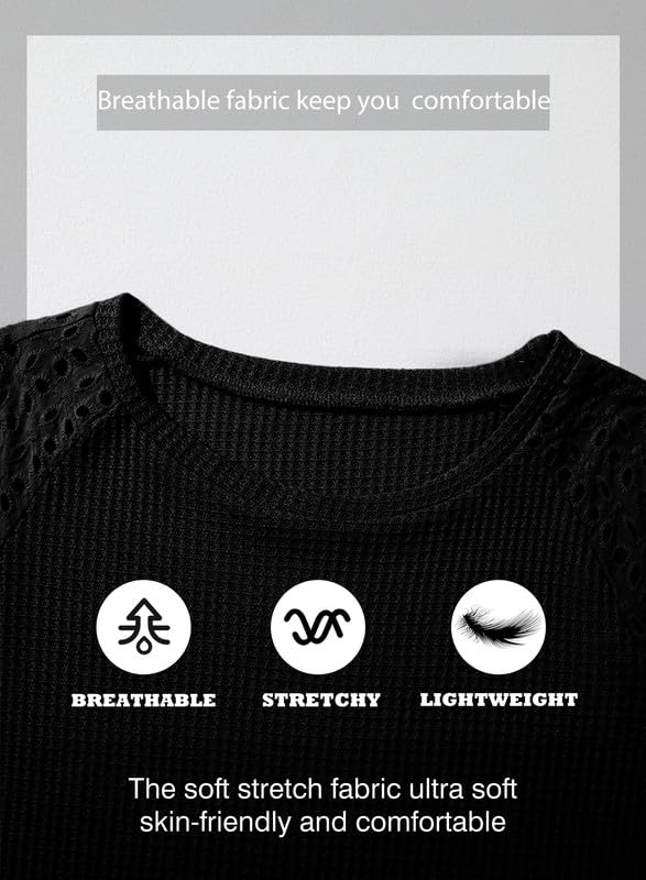 Women's Waffle Knit Tops Casual Crew Neck Hollow Out Raglan Short Sleeve Summer T-Shirts Blouses