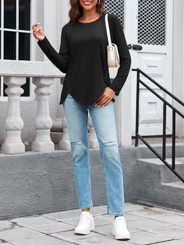 Womens Casual Long Sleeve Tunic Shirts Round Neck Button Side Blouses Tops