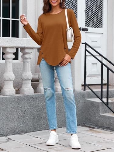 Womens Casual Long Sleeve Tunic Shirts Round Neck Button Side Blouses Tops