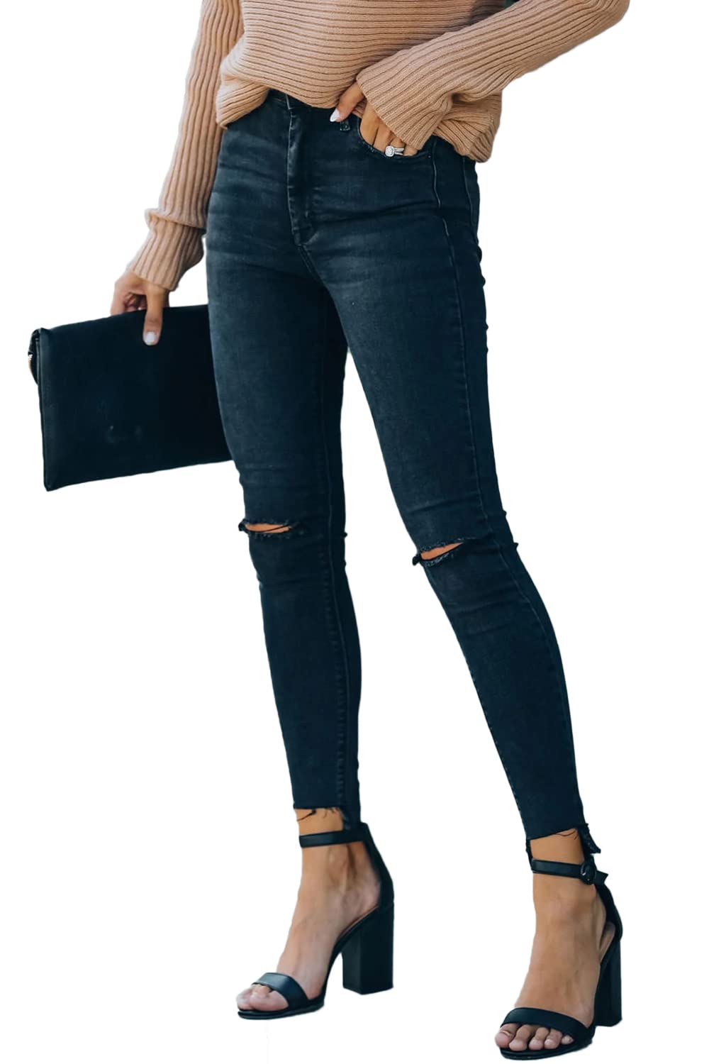 Women's High Rise Skinny Stretch Ripped Jeans High Waisted Destroyed Denim Pants