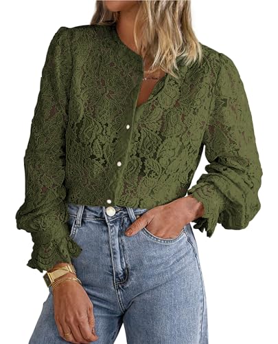 Women's Dressy Casual Lace Blouse Long Sleeve Button Up Shirts Tops