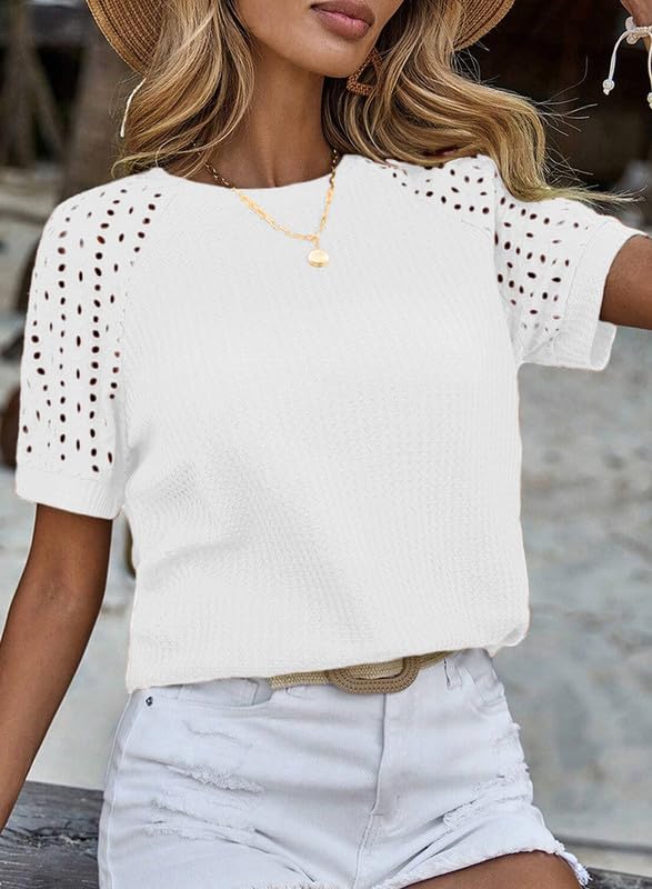 Women's Waffle Knit Tops Casual Crew Neck Hollow Out Raglan Short Sleeve Summer T-Shirts Blouses