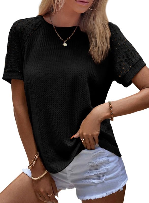 Women's Waffle Knit Tops Casual Crew Neck Hollow Out Raglan Short Sleeve Summer T-Shirts Blouses
