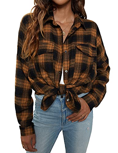 Women's Button Down Flannel Shirts Plaid Shacket Long Sleeve Collared Business Casual Tops Work Blouses
