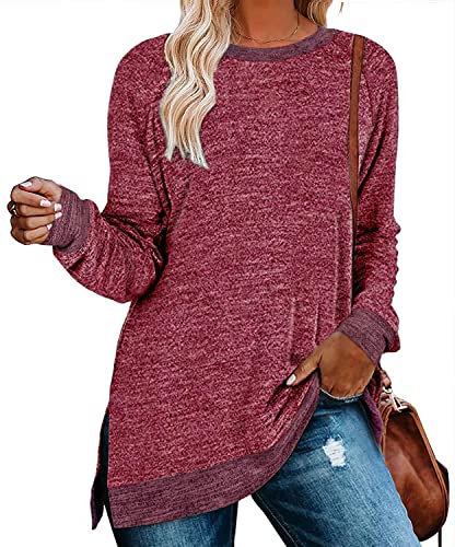 Womens Crewneck Pullovers Color Block Long Sleeve Side Split Tunic Tops