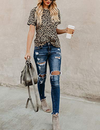 Womens Leopard Print Tops Short Sleeve Round Neck Casual T Shirts Tees