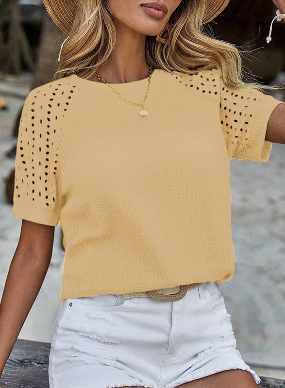 Women's Waffle Knit Tops Casual Crew Neck Hollow Out Raglan Short Sleeve Summer T-Shirts Blouses