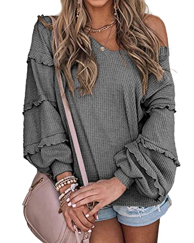 Women’s V Neck Long Sleeve Blouse Loose Fit Tunics Ruffles Off Shoulder Waffle Knit Solid Color Tops