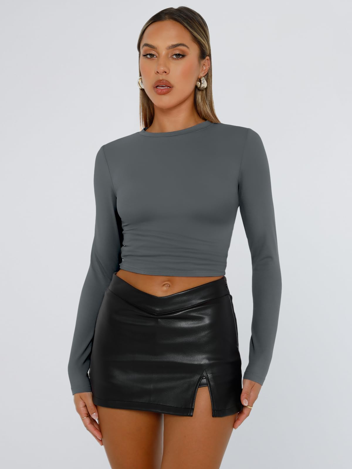 Trendy Queen Womens Long Sleeve Shirts Basic Crop Tops Tight Slim Fit Cute Teen Girls Fall Winter Y2k Clothes
