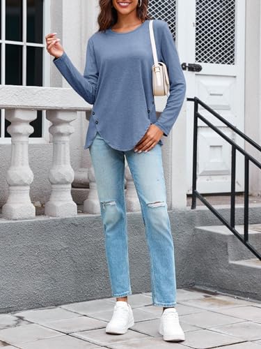 Womens Casual Long Sleeve Tunic Shirts Round Neck Button Side Blouses Tops