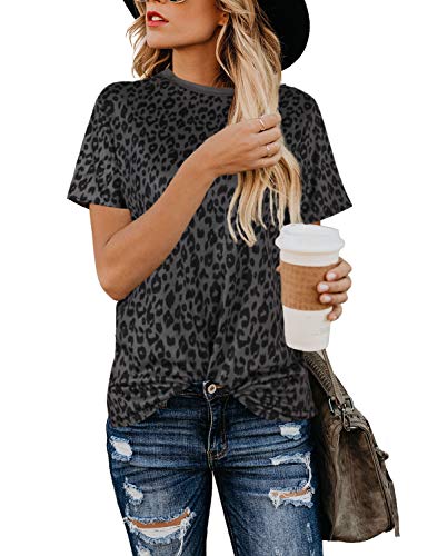 Womens Leopard Print Tops Short Sleeve Round Neck Casual T Shirts Tees