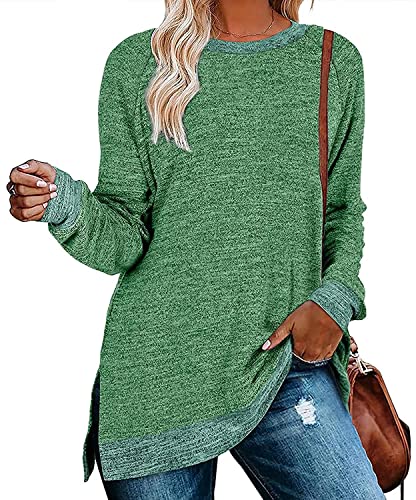 Womens Crewneck Pullovers Color Block Long Sleeve Side Split Tunic Tops