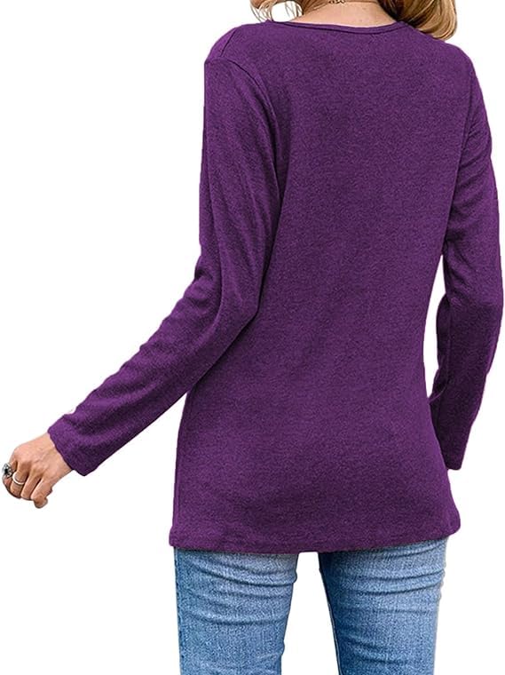 Womens Casual Long Sleeve Tunic Shirts Round Neck Button Side Blouses Tops