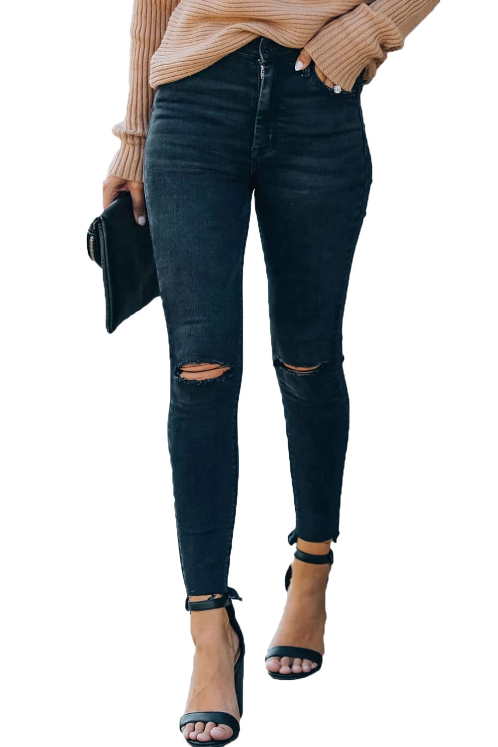 Women's High Rise Skinny Stretch Ripped Jeans High Waisted Destroyed Denim Pants