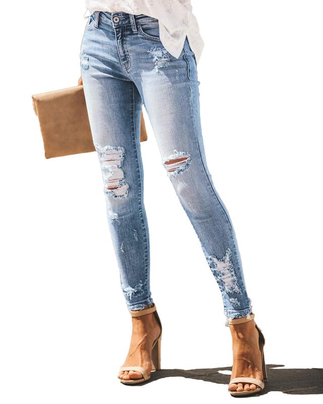 Women's High Rise Skinny Stretch Ripped Jeans High Waisted Destroyed Denim Pants