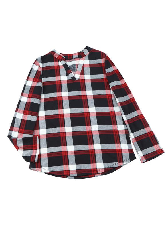 Womens Basic Casual V Neck Plaid Print Cotton Cuffed Long Sleeve Work Tops Blouses Shirts S-3XL