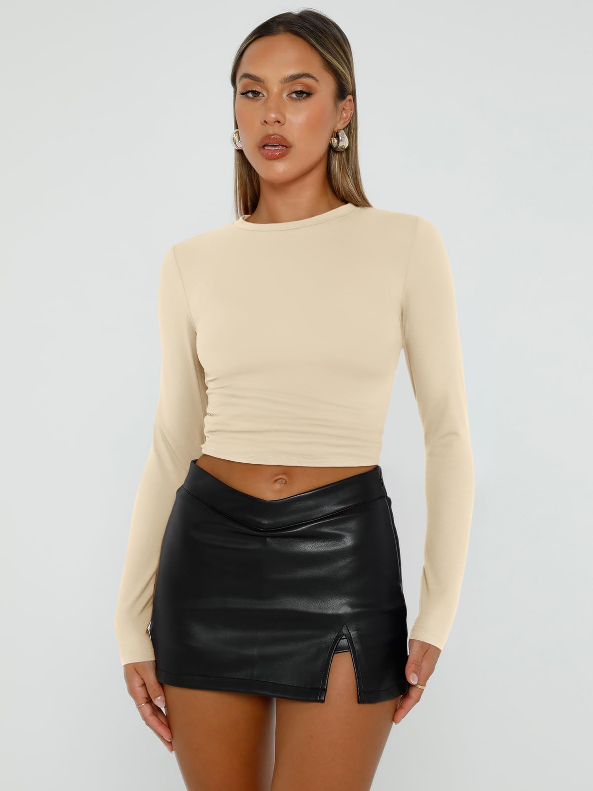 Trendy Queen Womens Long Sleeve Shirts Basic Crop Tops Tight Slim Fit Cute Teen Girls Fall Winter Y2k Clothes