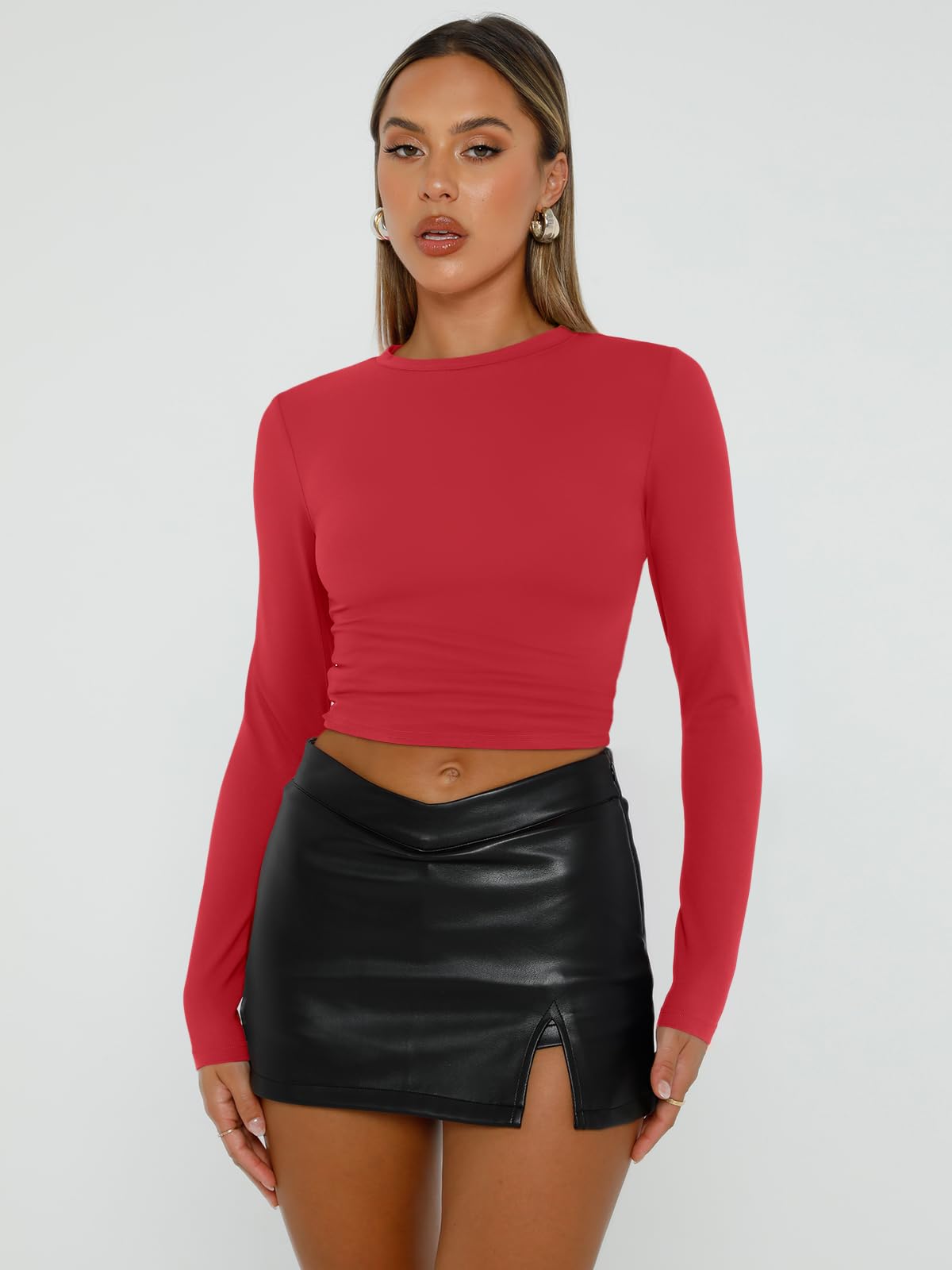 Trendy Queen Womens Long Sleeve Shirts Basic Crop Tops Tight Slim Fit Cute Teen Girls Fall Winter Y2k Clothes