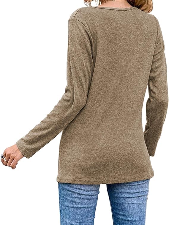 Womens Casual Long Sleeve Tunic Shirts Round Neck Button Side Blouses Tops