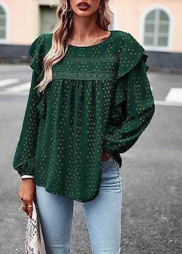 Women's Long Sleeve Blouses Ruffle Swiss Dot Crochet Loose Fit