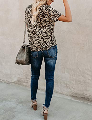 Womens Leopard Print Tops Short Sleeve Round Neck Casual T Shirts Tees