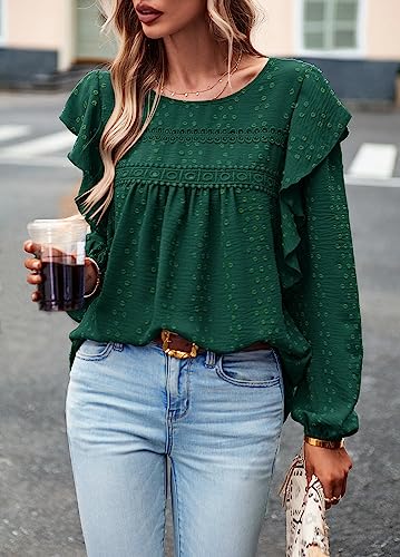 Women's Long Sleeve Blouses Ruffle Swiss Dot Crochet Loose Fit