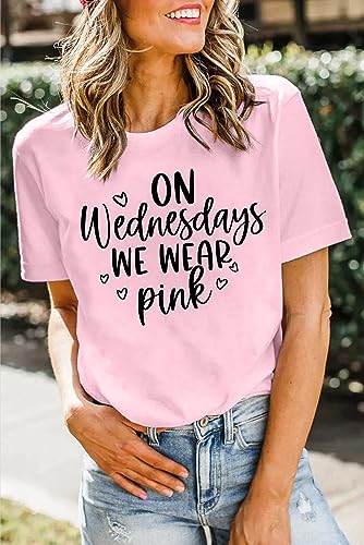 On Wednesday We Wear Pink Shirt Women Breast Cancer T Shirt Short Sleeve Print Tees Gifts for Girls Matching Outfits Top