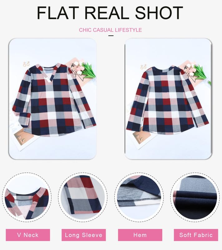 Womens Basic Casual V Neck Plaid Print Cotton Cuffed Long Sleeve Work Tops Blouses Shirts S-3XL