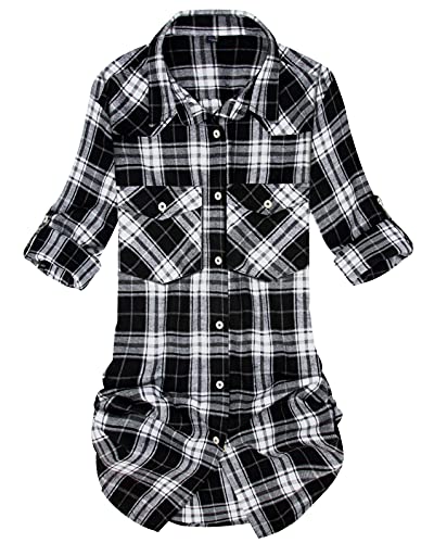 Womens Plaid Flannel Shirts Long Sleeve Roll Up Casual Button Down Shirt