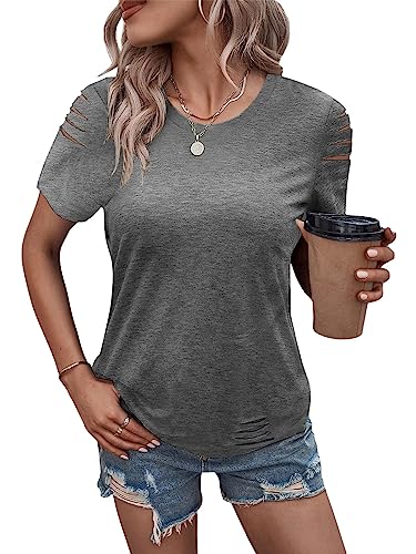 Women's Short Sleeve T Shirts Crew Neck Ripped Cut Out Summer Casual Basic Tees Tops