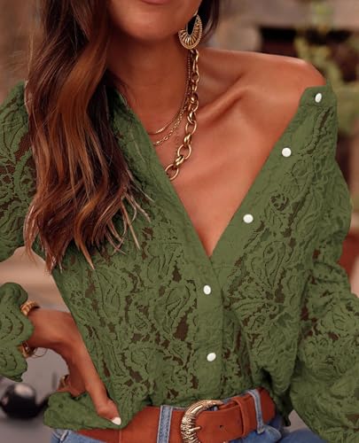 Women's Dressy Casual Lace Blouse Long Sleeve Button Up Shirts Tops