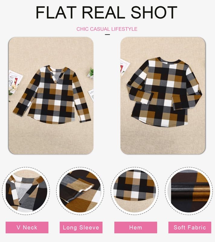 Womens Basic Casual V Neck Plaid Print Cotton Cuffed Long Sleeve Work Tops Blouses Shirts S-3XL